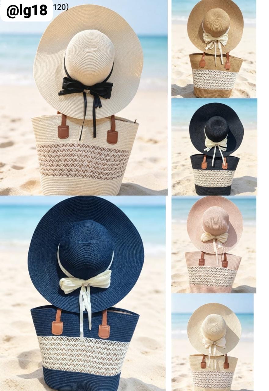 Beach Hat & Woven Tote Set